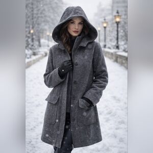 Vintage London Fog Wool Hooded Coat Gray Tweed Winter Timeless Classic Womens XL